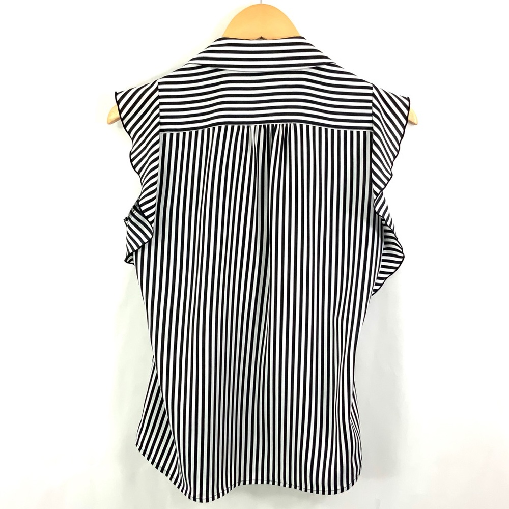 KARL LAGERFELD Paris Sleeveless Black White Vertical Striped Tank Top Ruffle M18 - Picture 4 of 8